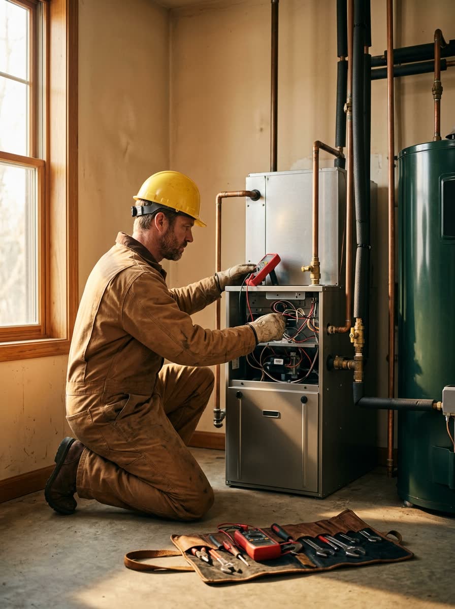 HVAC technician in yellow hard hat servicing a residential furnace and water heater, golden-hour utility room light